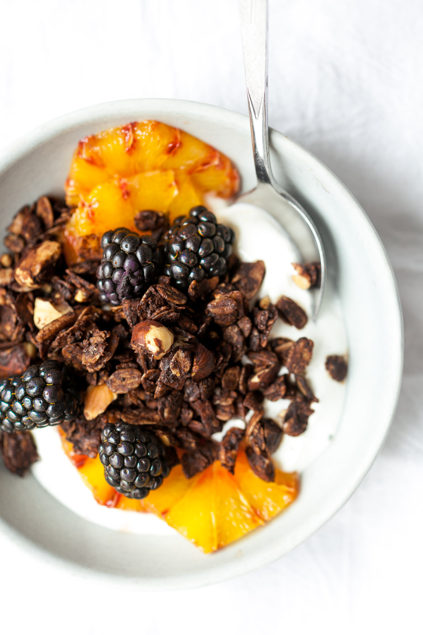 Close-up overhead shot of Next Level Chocolate Espresso Hazelnut Granola in a bowl with fruit