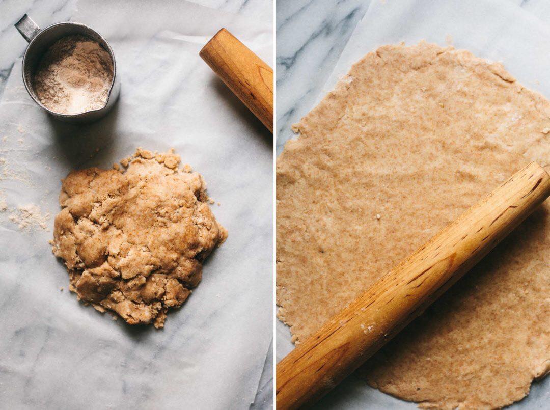Split screen: Left side: Overhead shot of rough pastry dough. Right side: Overhead shot of rolled-out pastry dough