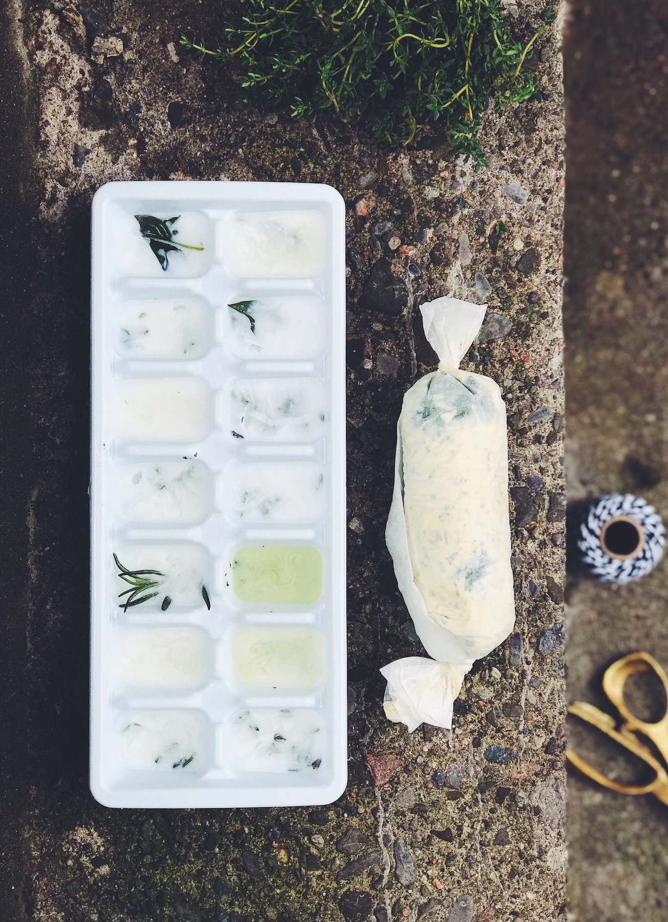 freezing herbs in ice cube tray
