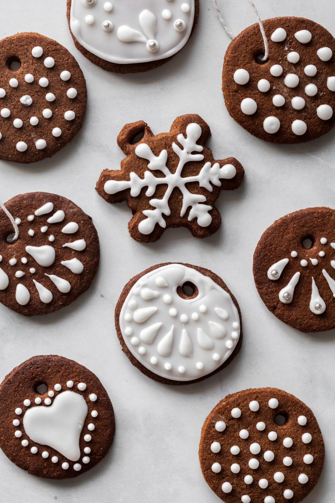closeup of overhead of Edible Gingerbread Cookie Ornaments.