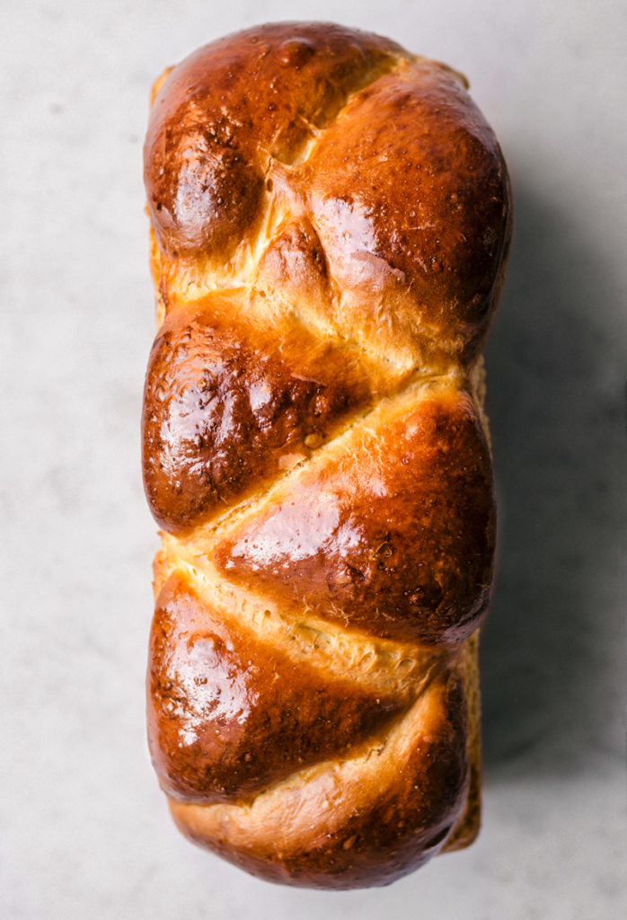 overhead image of baked brioche bread.