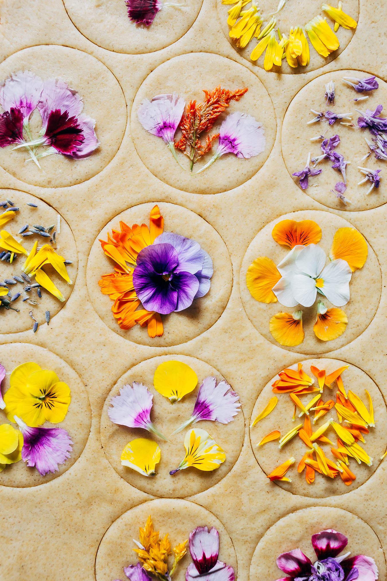 Cookie dough cutouts topped with edible flower petals.