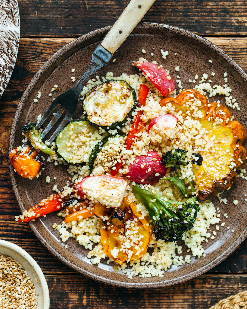 Roasted Vegetables with Couscous and Sesame Dressing