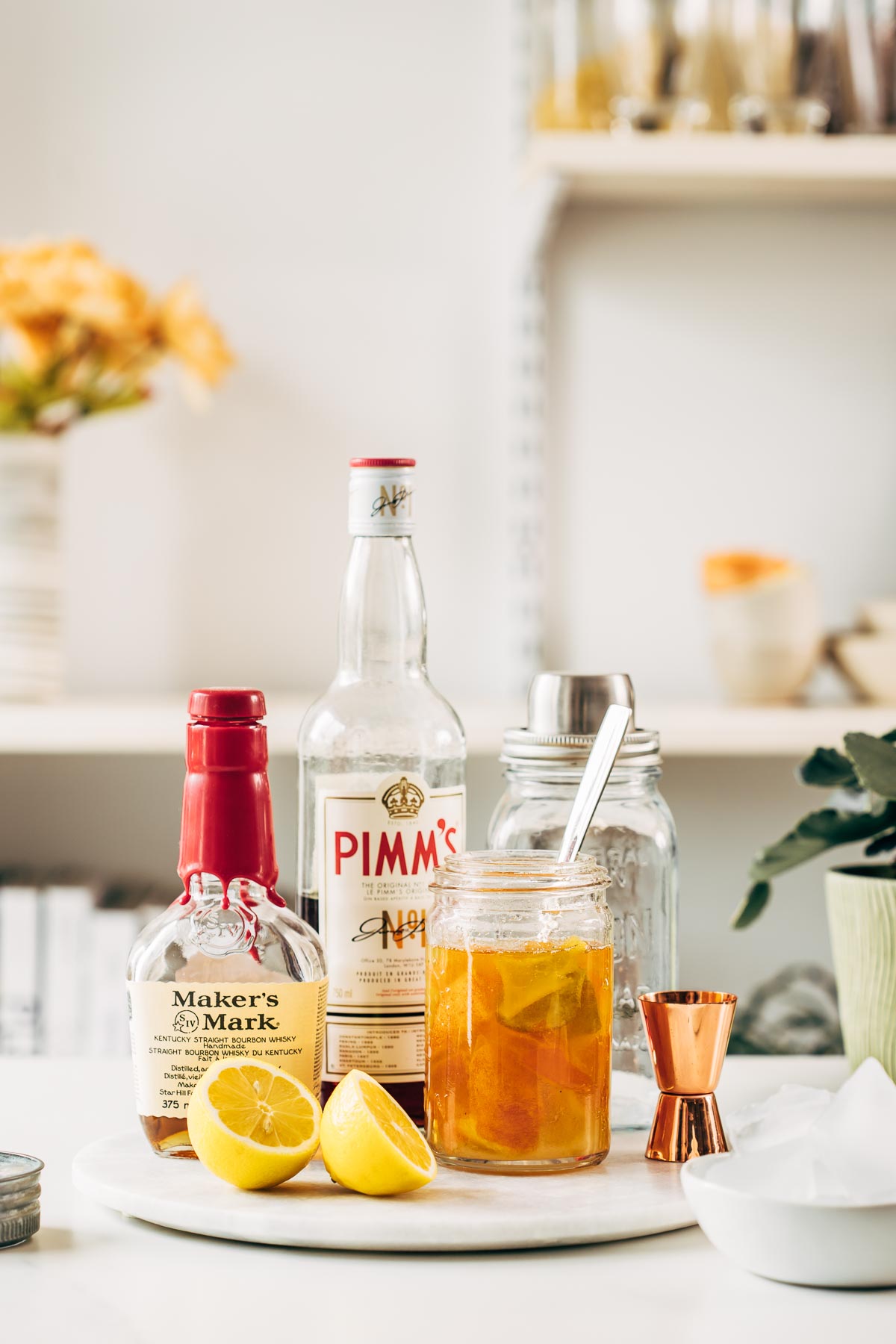 A table filled with cocktail ingredients.