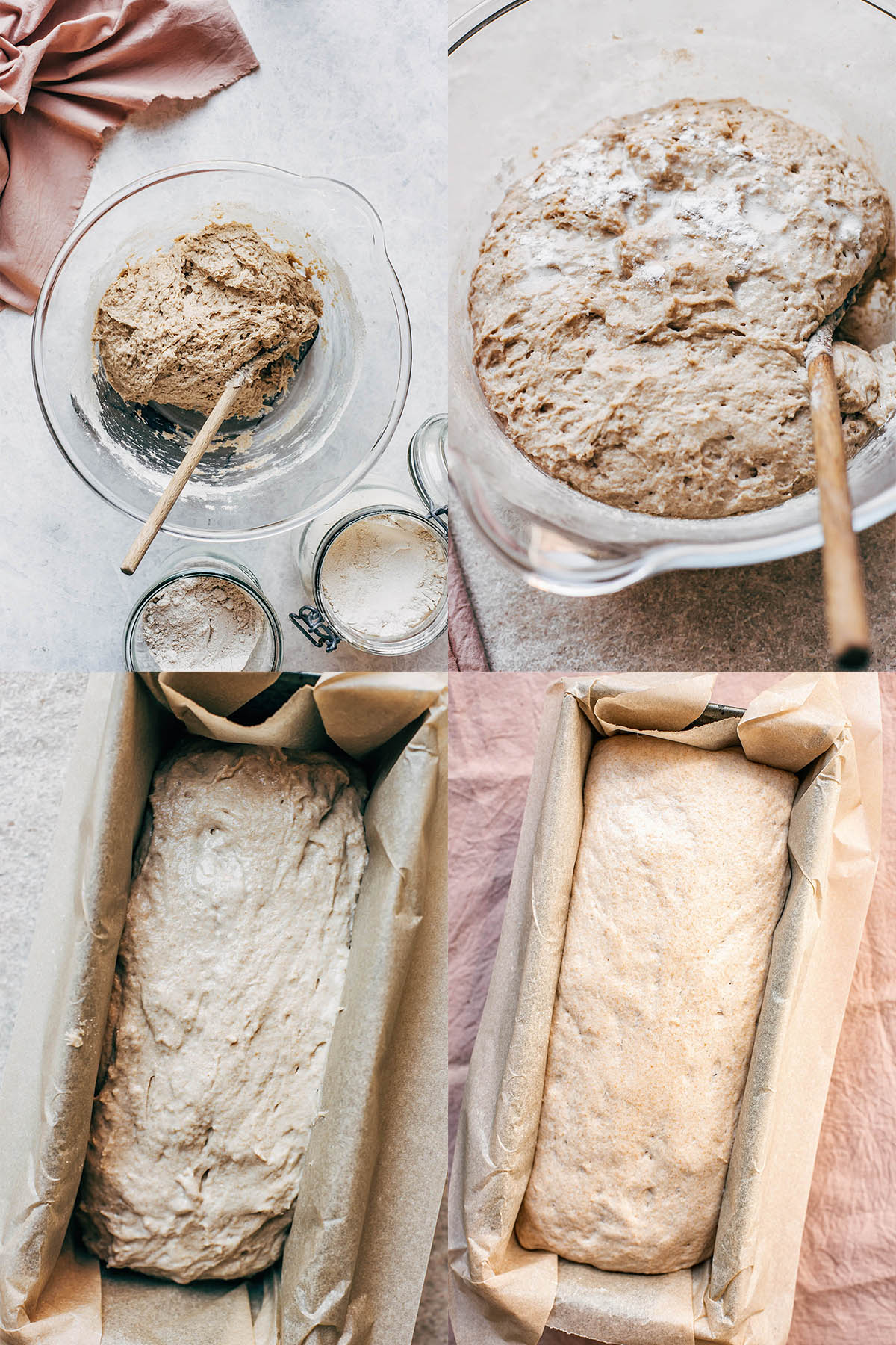 Steps 5-8 of mixing the bread, showing the dough after mixing, after rising, and before and after rising in the tin.