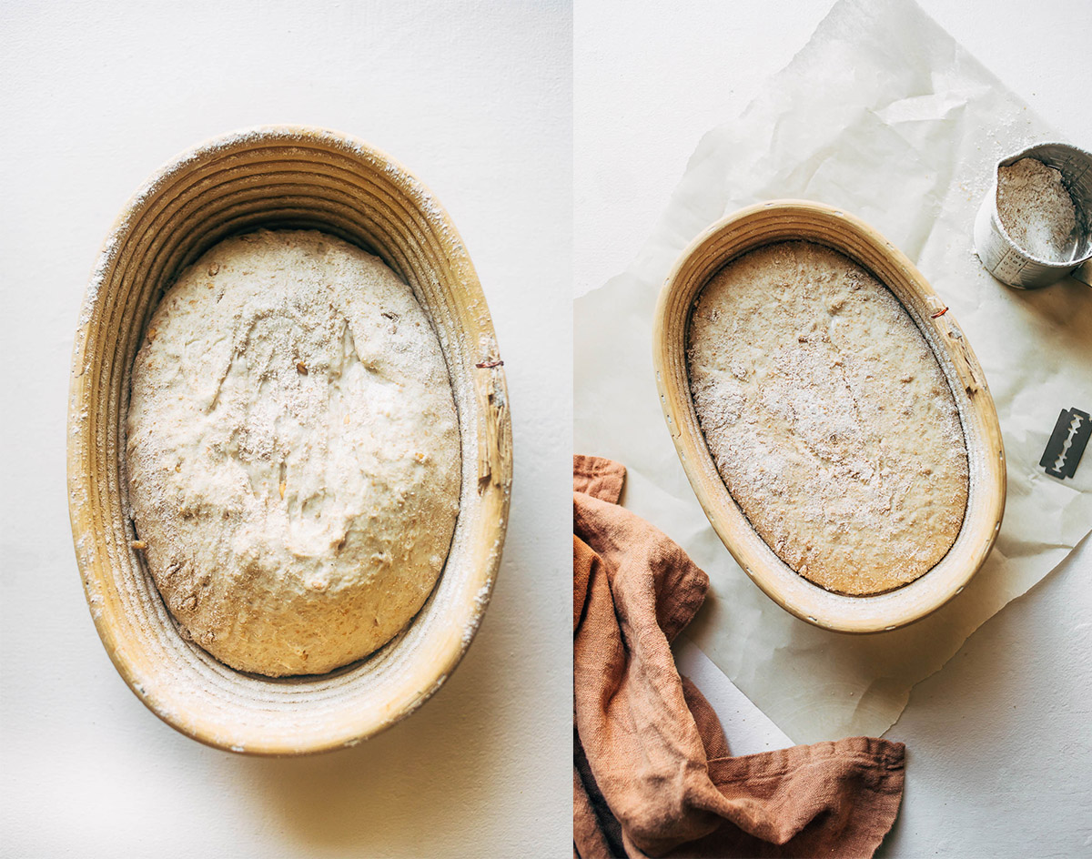 Two photos: on left, dough in proving basket before rising, and right, after rising.