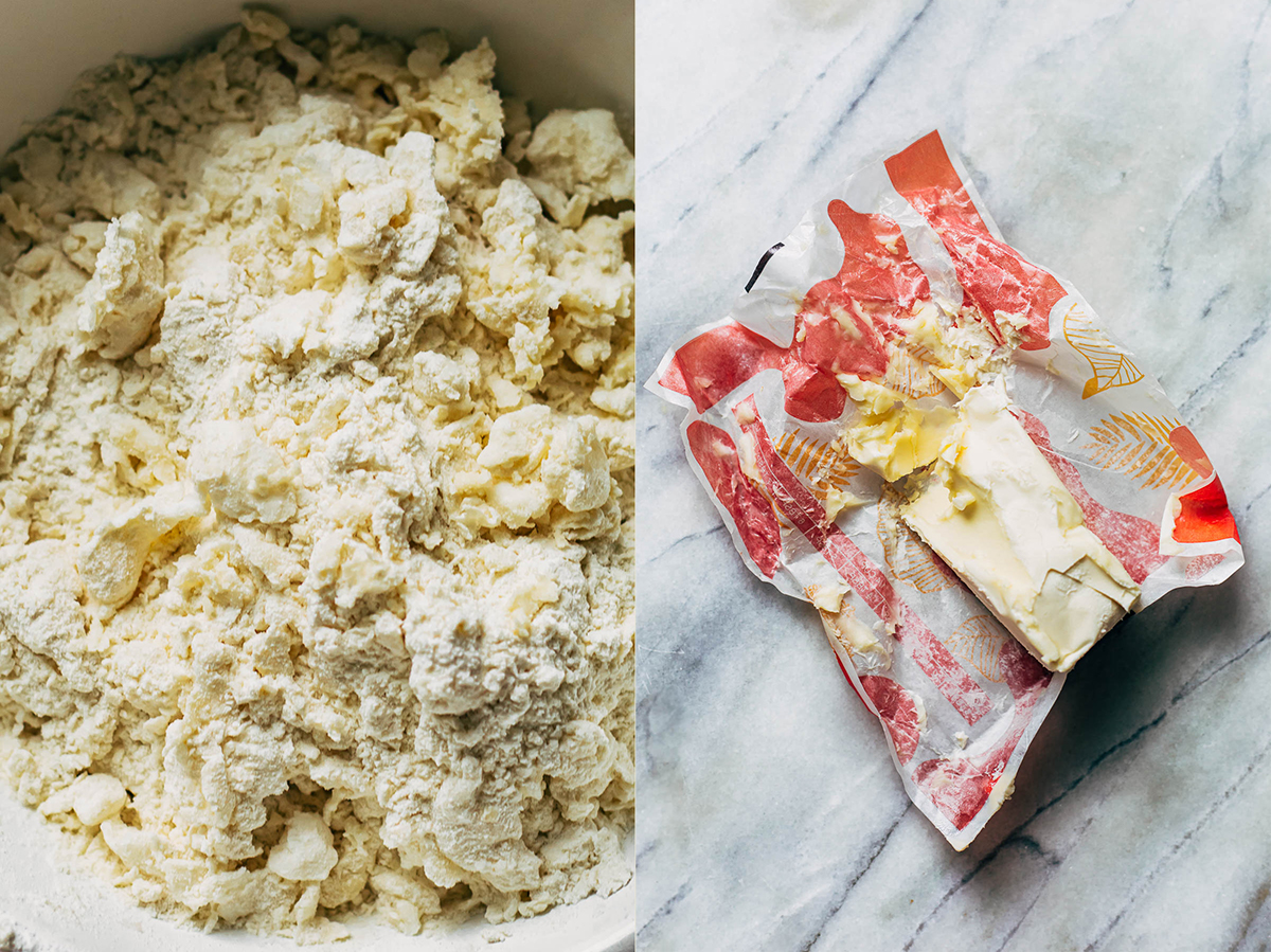 Two photos - one of a bowl of pie dough before the water is added, and second a stick of margarine in the wrapper, and slightly unwrapped.