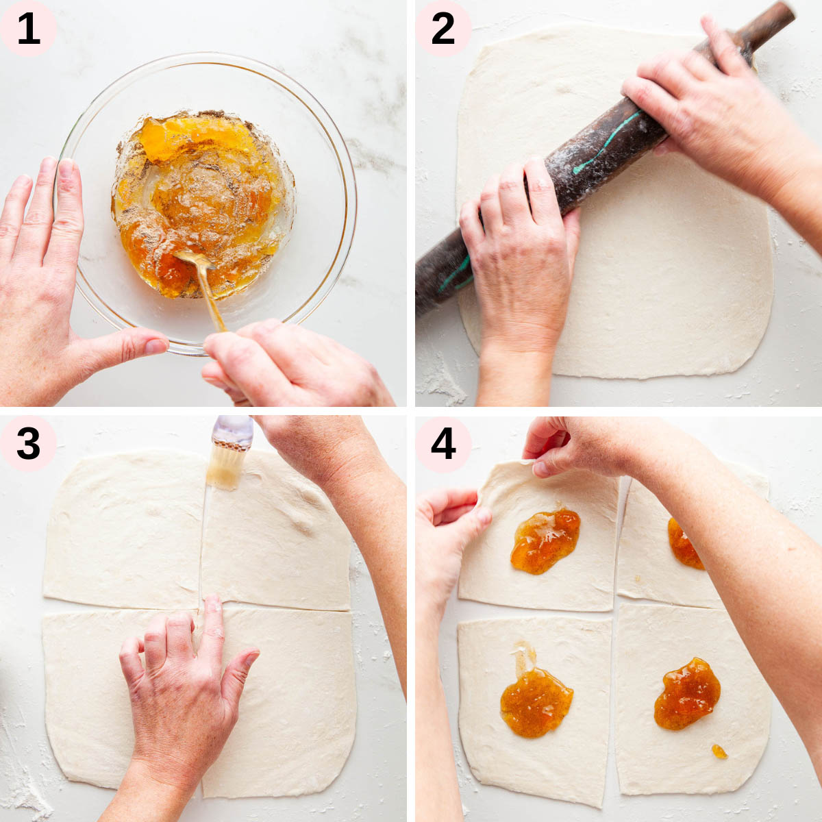 Peach turnover process shots 1 to 4.