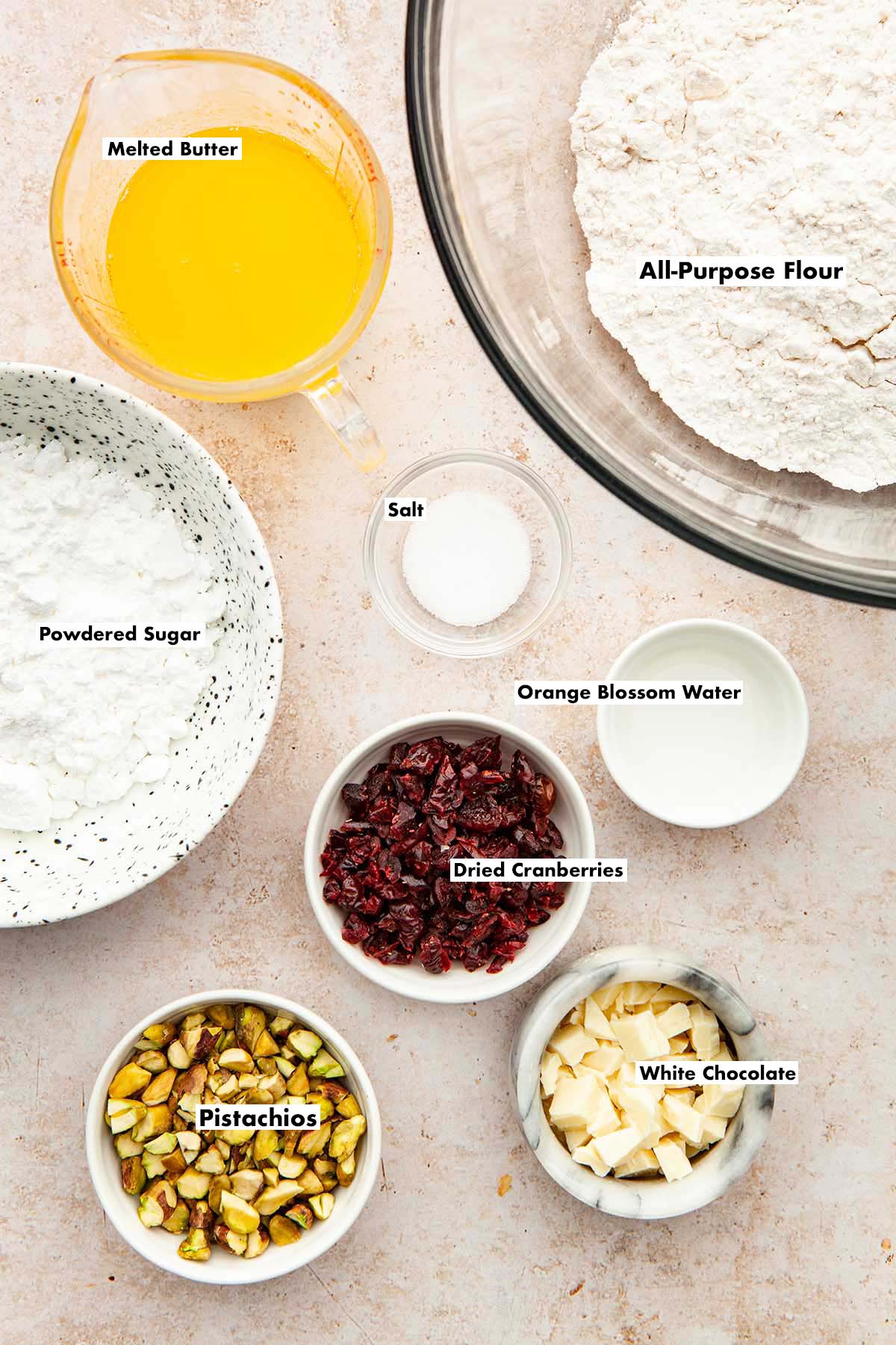 Ingredients to make cranberry pistachio shortbread.t