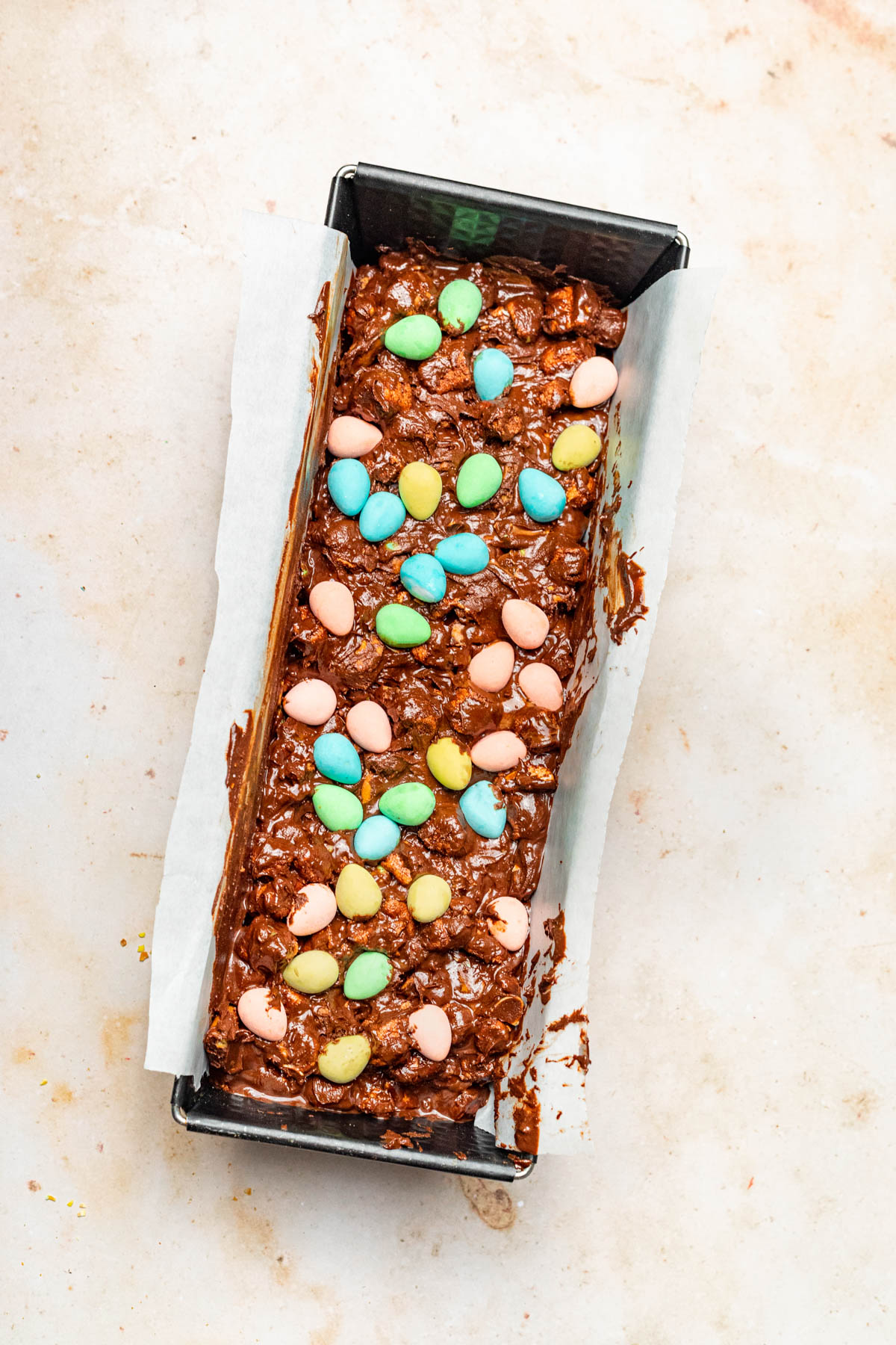 Rocky road topped with extra mini eggs.