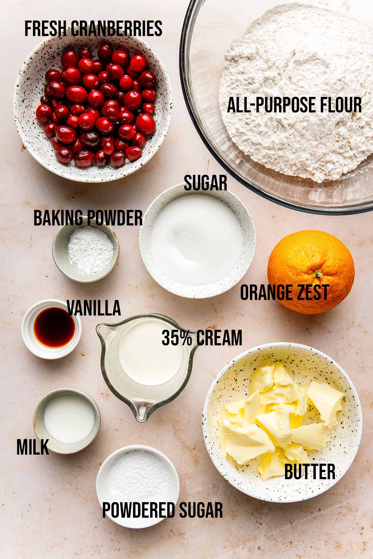 Ingredients to make orange cranberry scones.