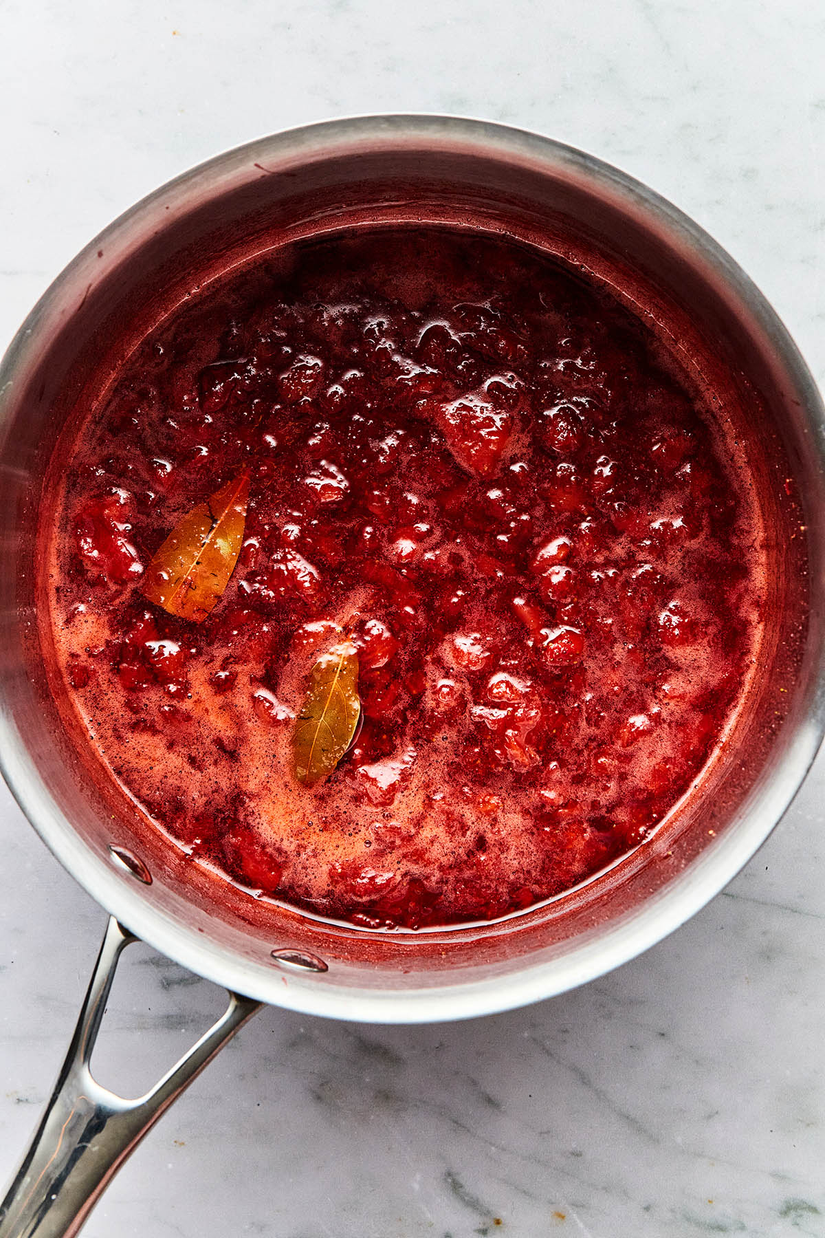 Overhead image of a pot of homemade jam.