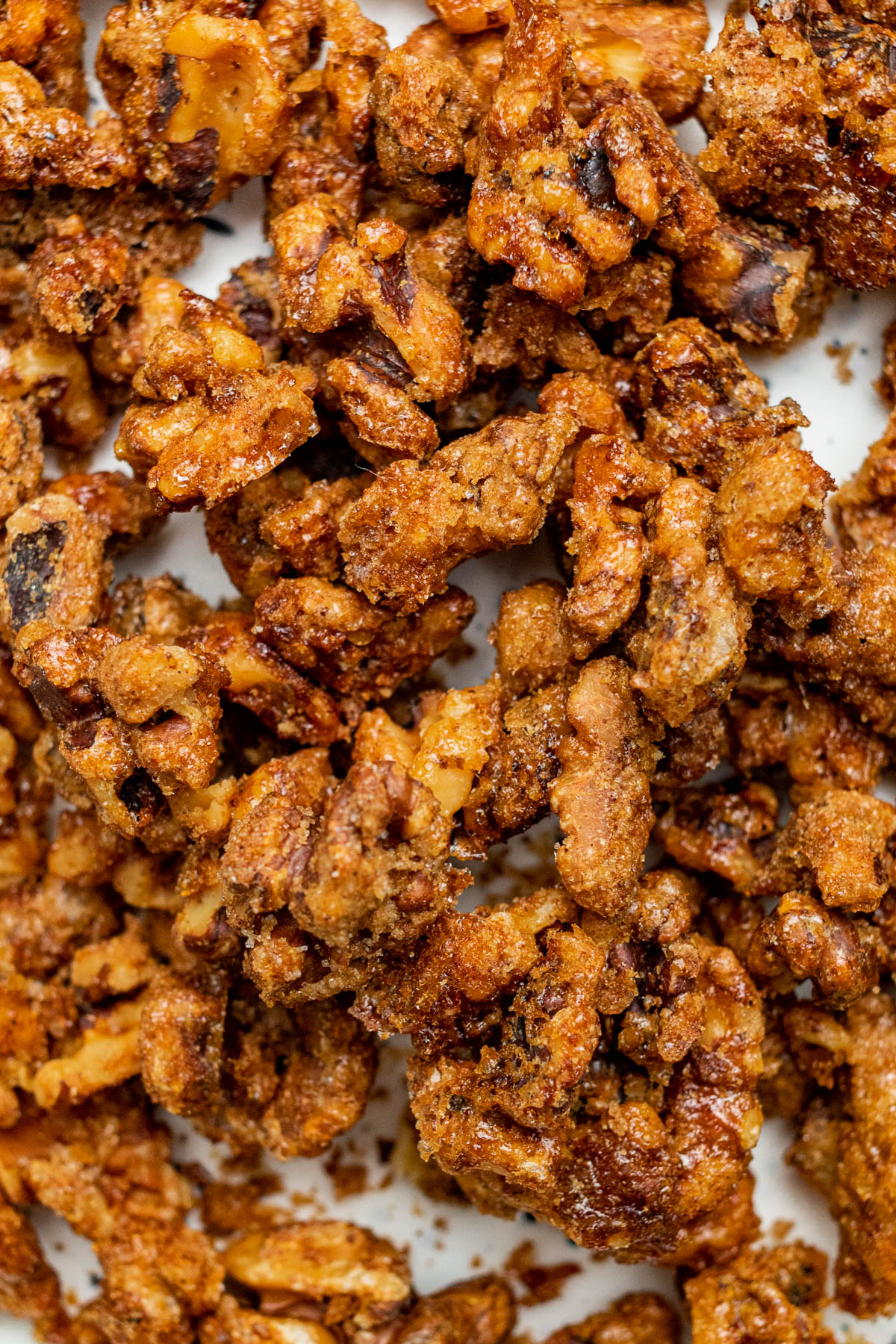 Close up overhead image of candied walnuts.