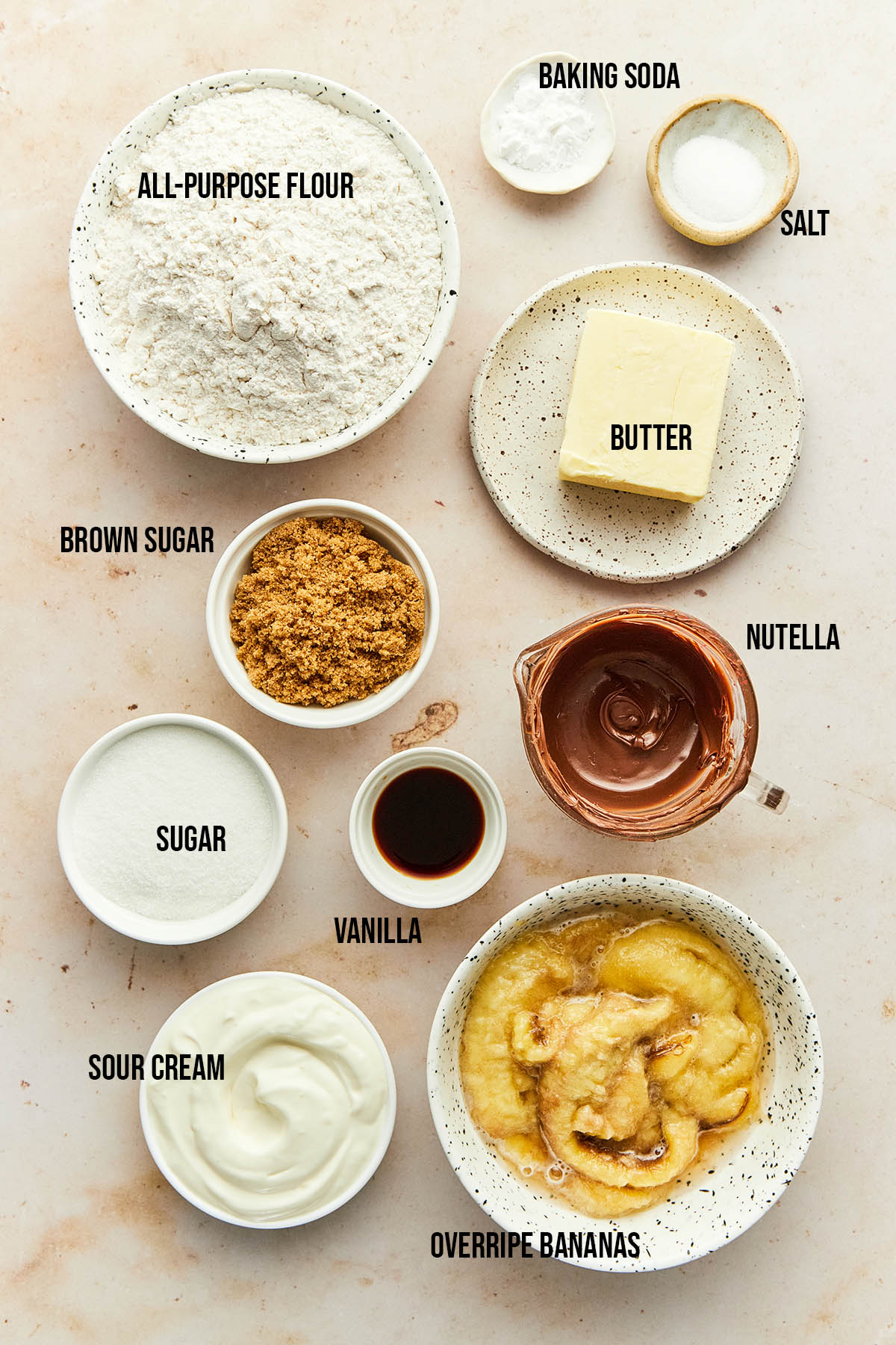 Ingredients to make banana Nutella muffins.