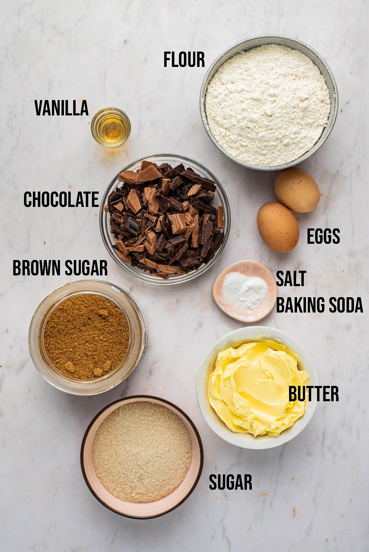Ingredients to make chocolate chunk cookies.