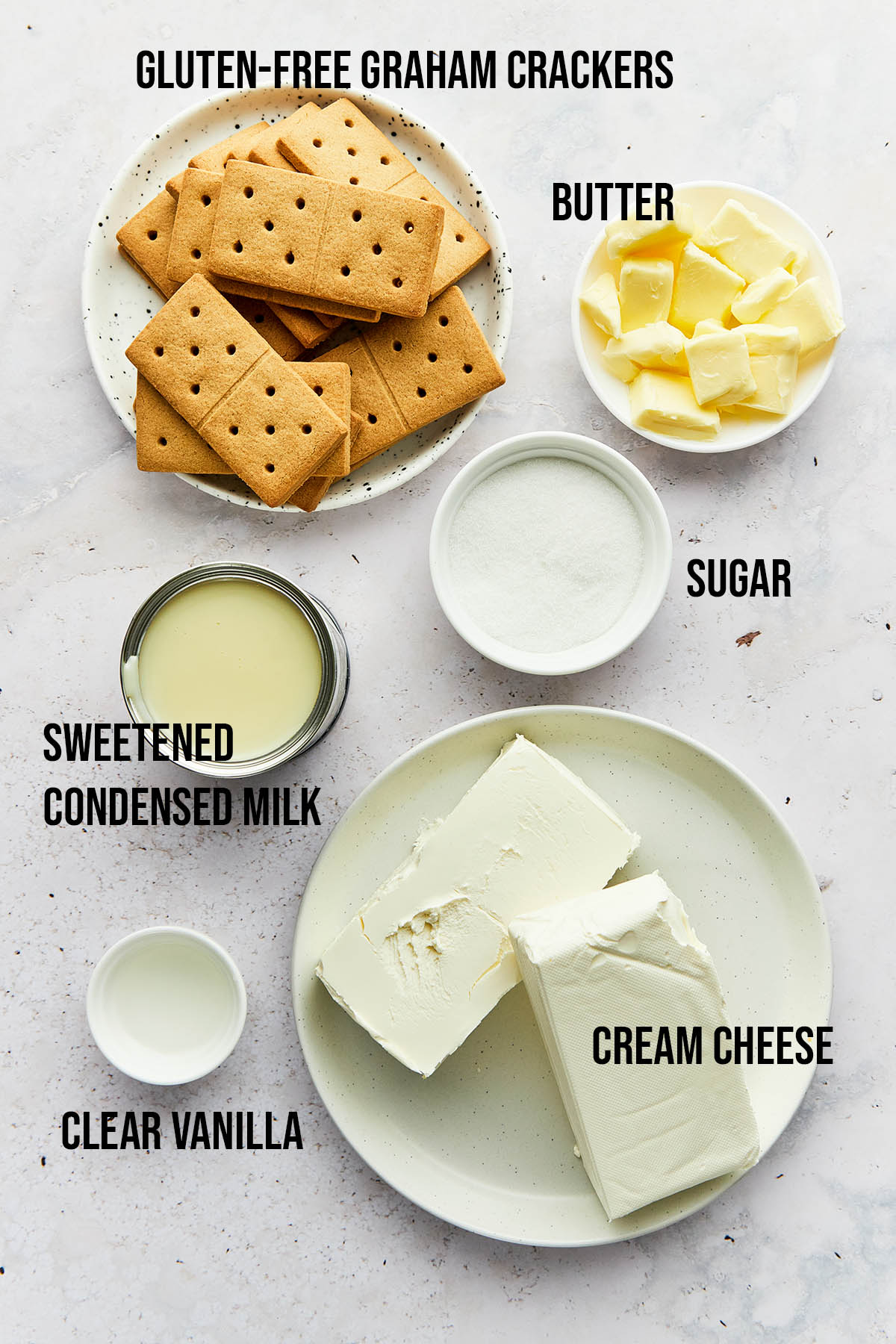 Ingredients to make gluten-free no bake cheesecake.