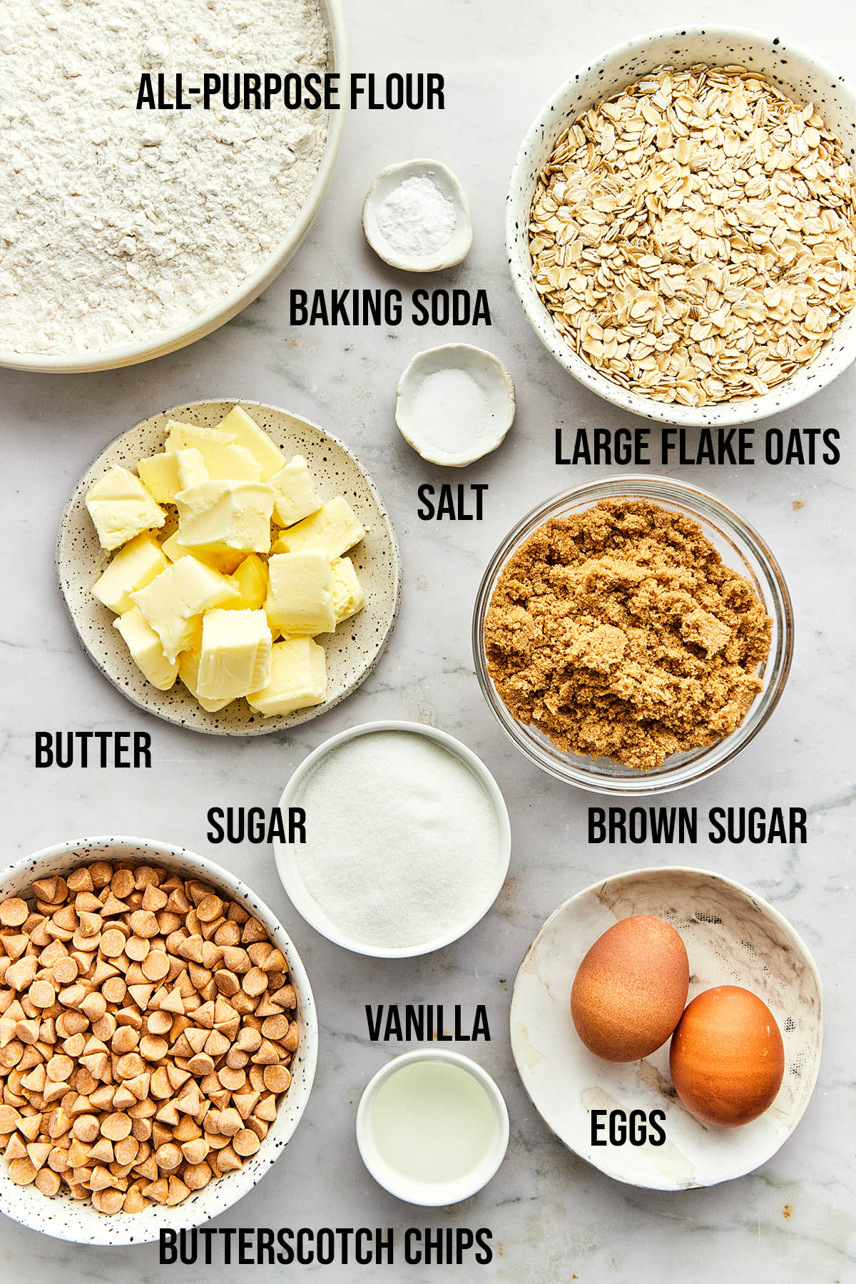 Ingredients to make oatmeal scotchies.