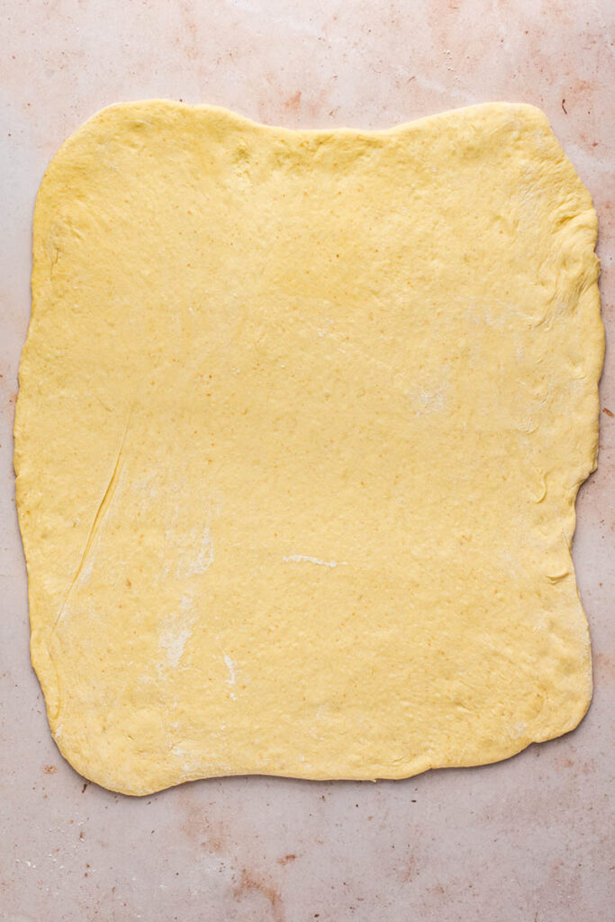 Rolled out dough in a large rectangle.