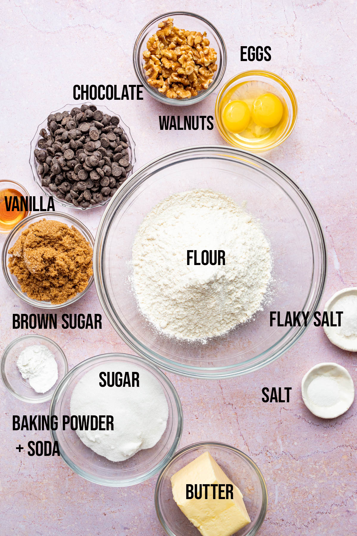 Ingredients to make walnut chocolate chip cookies.