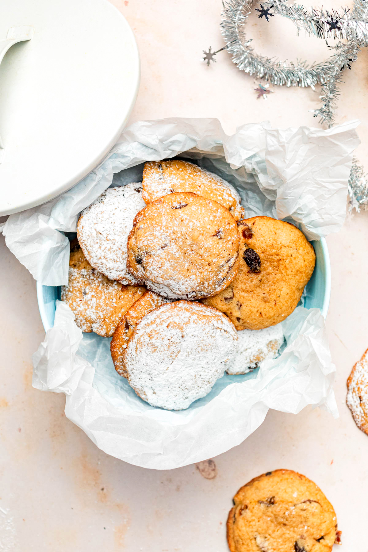 Mincemeat cookies in a festive tin.