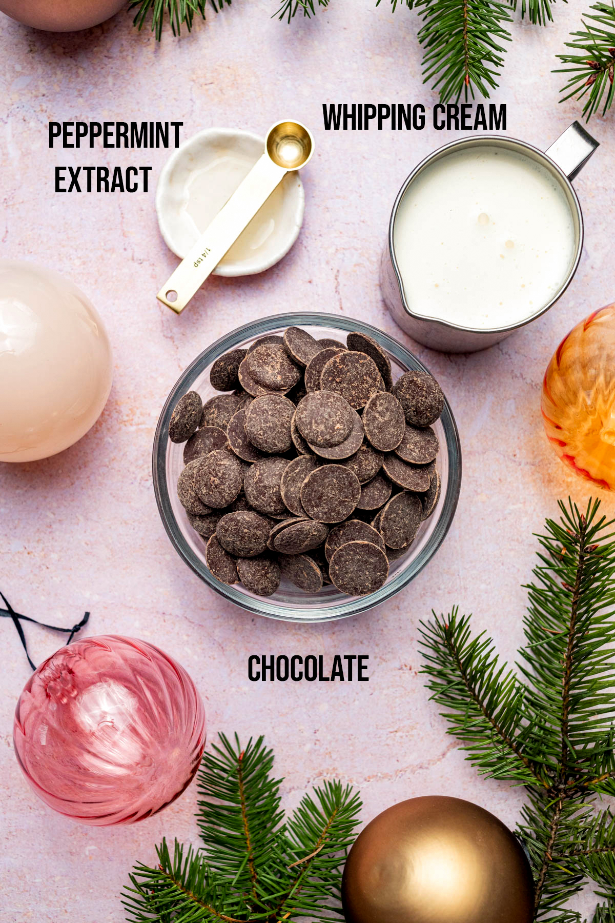 Mint chocolate truffle ingredients.