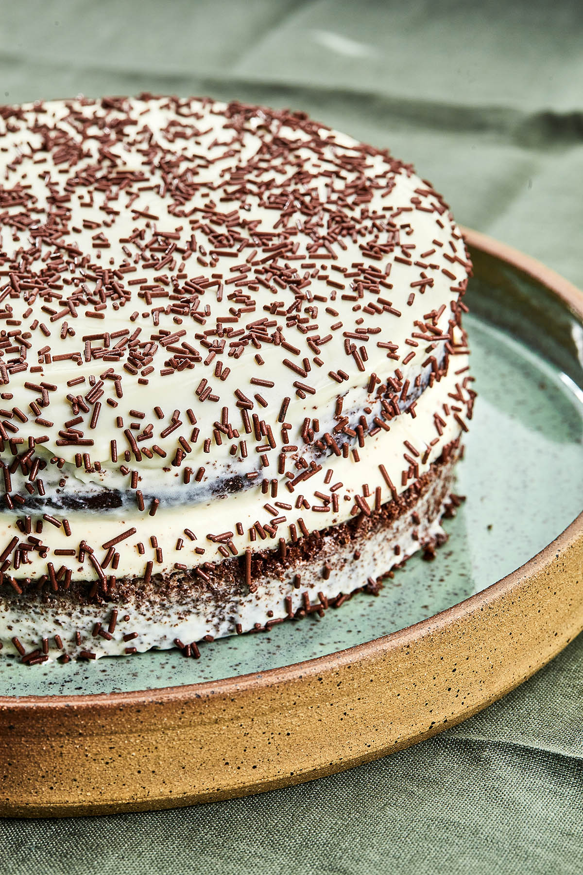 Close up of a whole wheat chocolate cake, unsliced, with icing and chocolate sprinkles.
