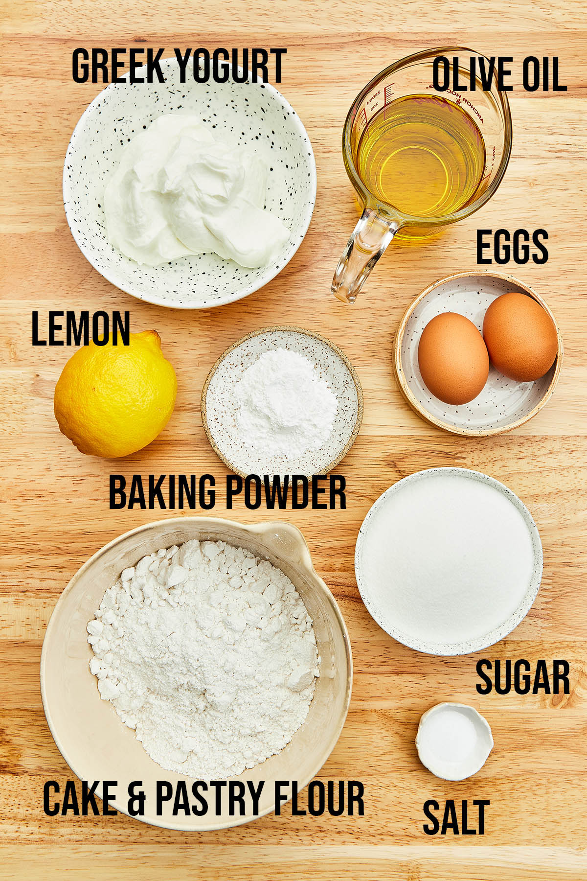 Ingredients to make lemon olive oil cake.