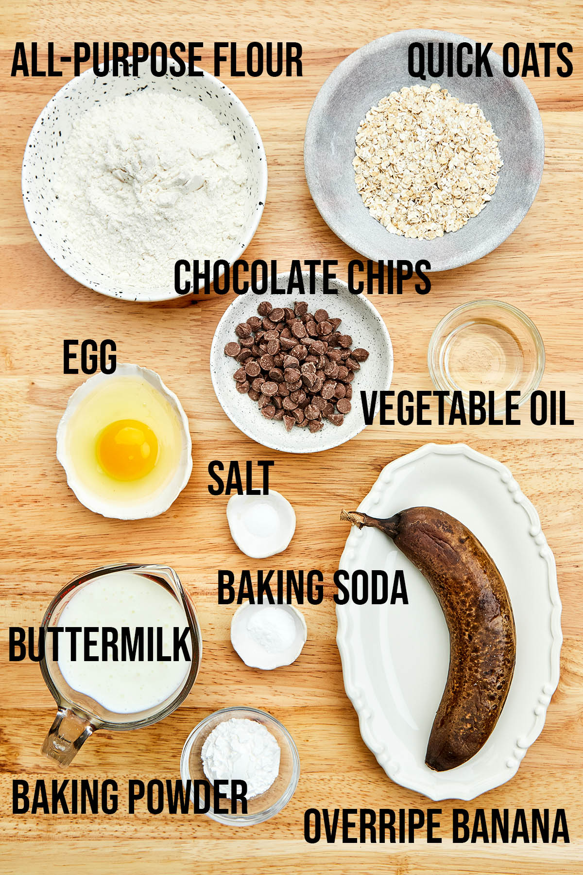 Ingredients to make banana chocolate chip pancakes.