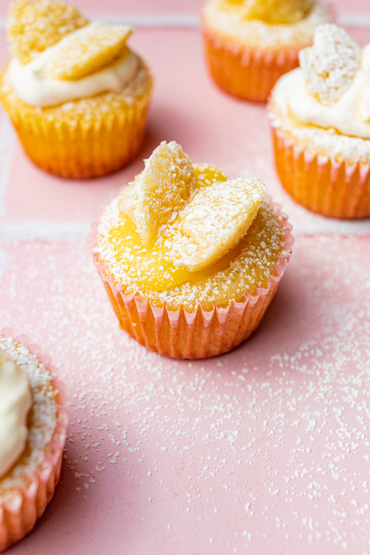 Cupcakes filled with lemon curd, close up.