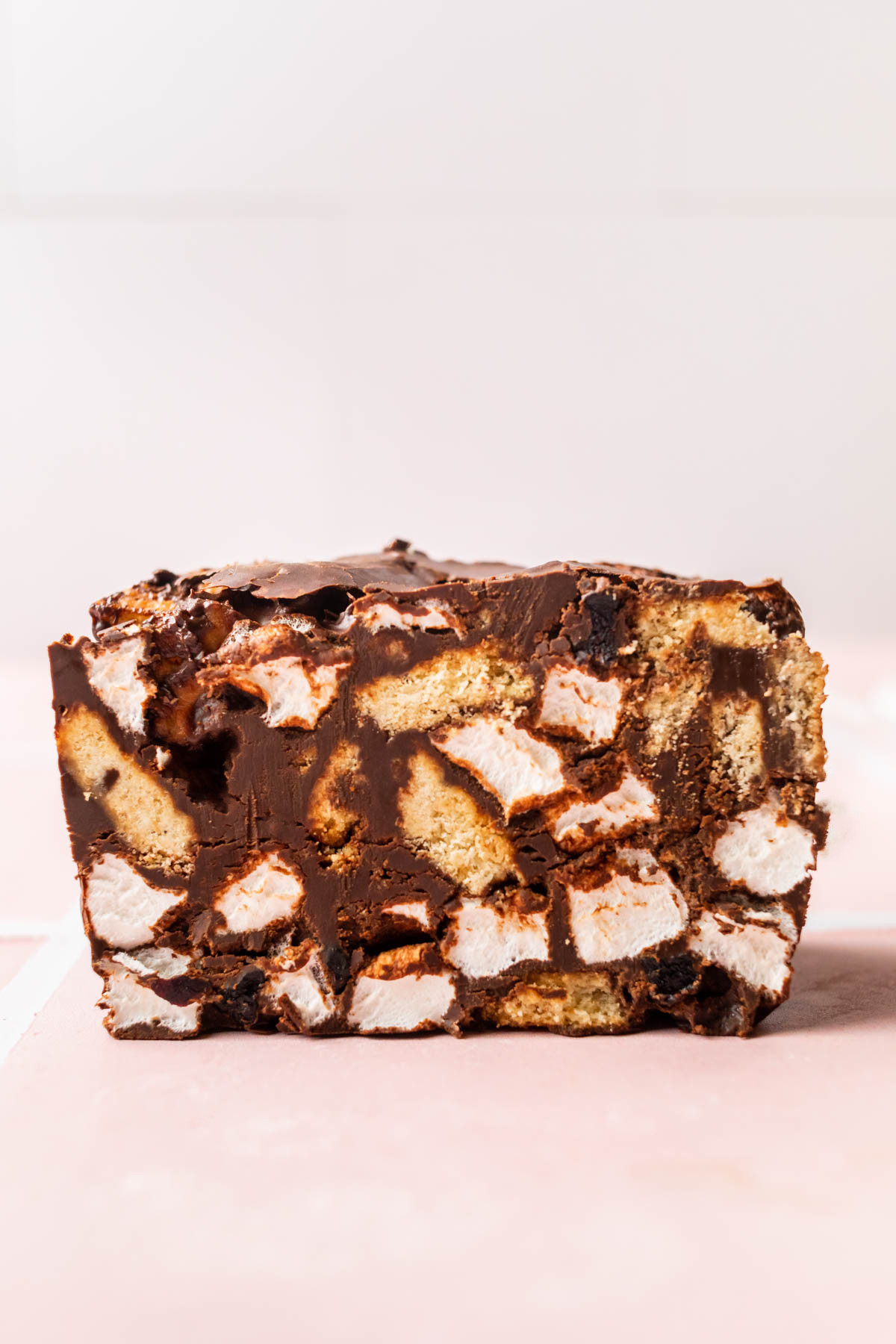 Close up of a slice of rocky road.