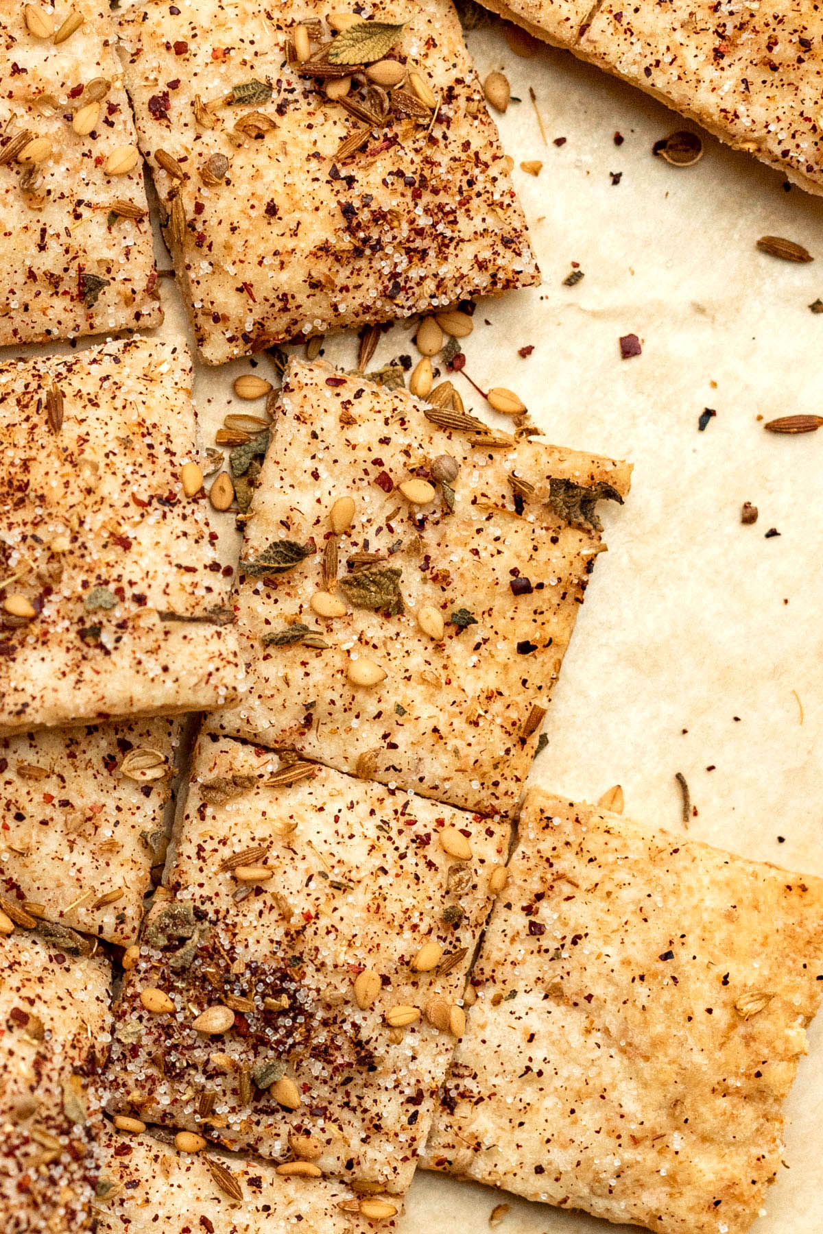 Sourdough discard crackers topped with homemade Za'atar spice blend.