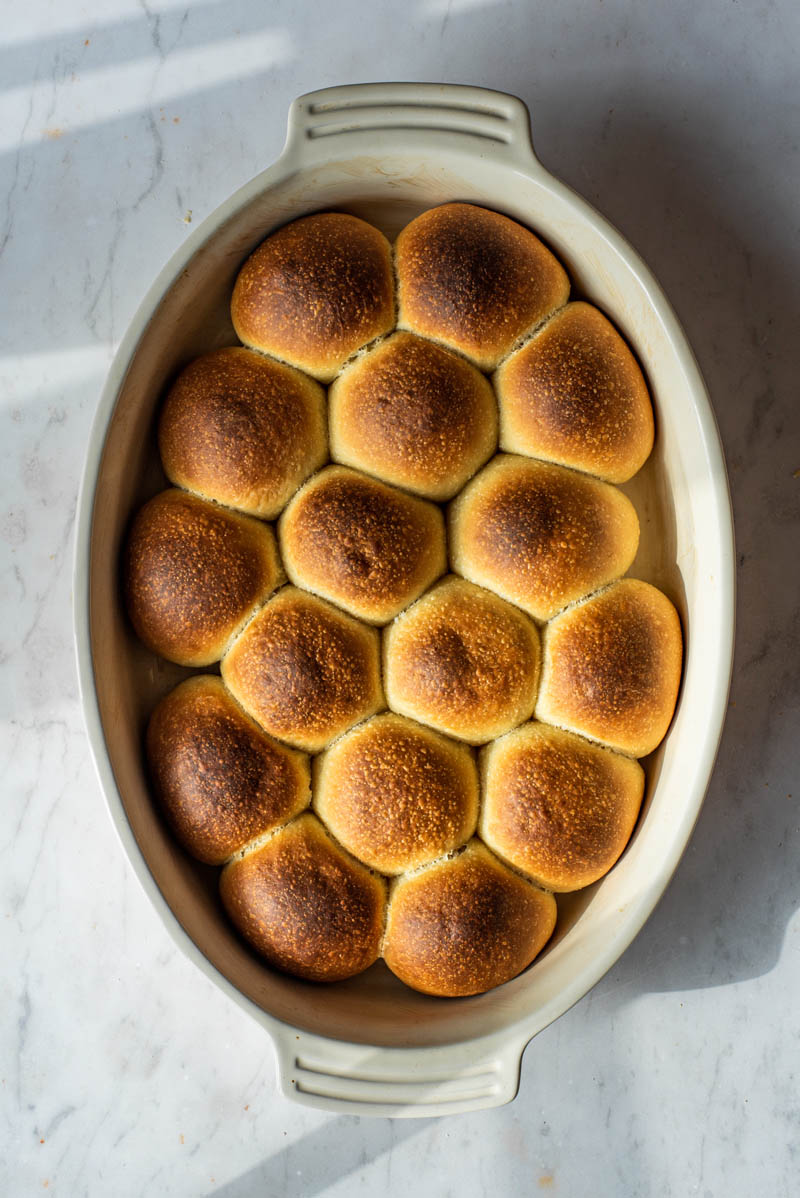 Baked buns, a dark golden brown.