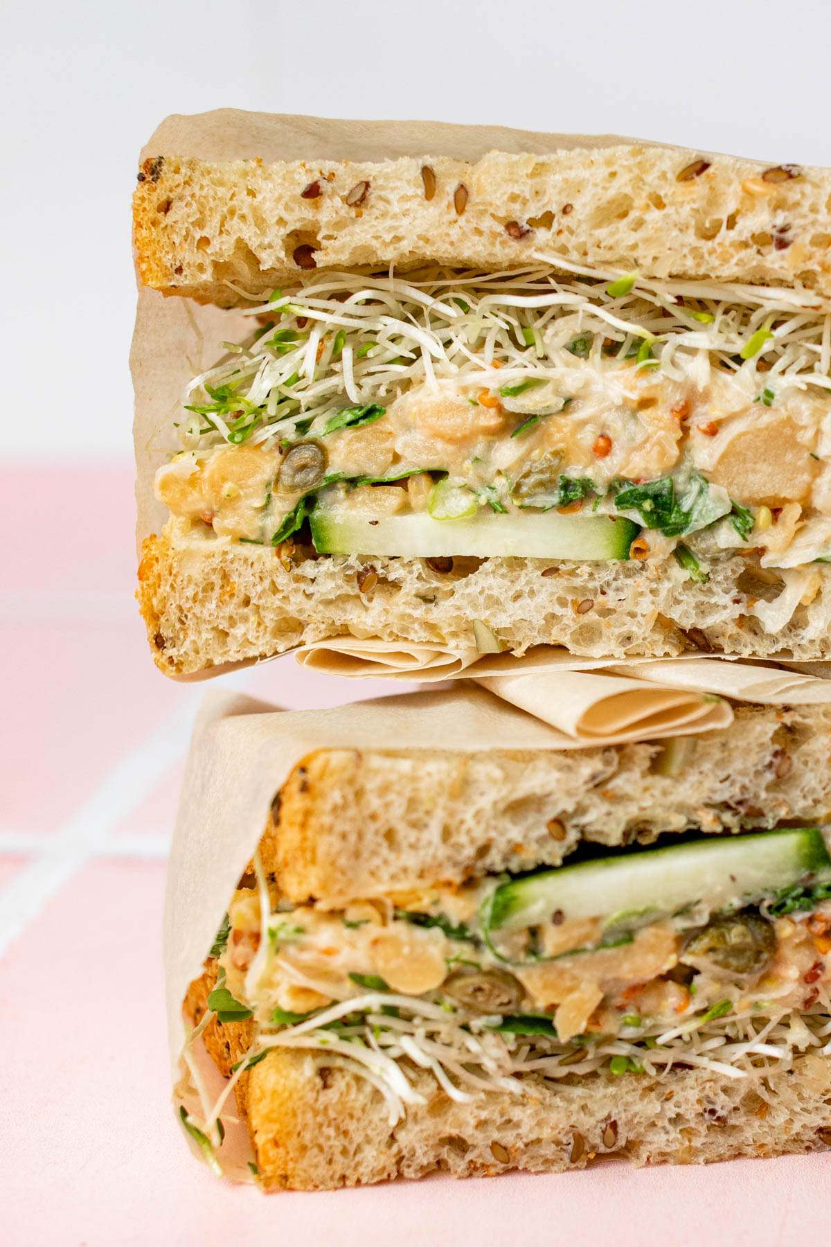 Close up of chickpea salad sandwiches.