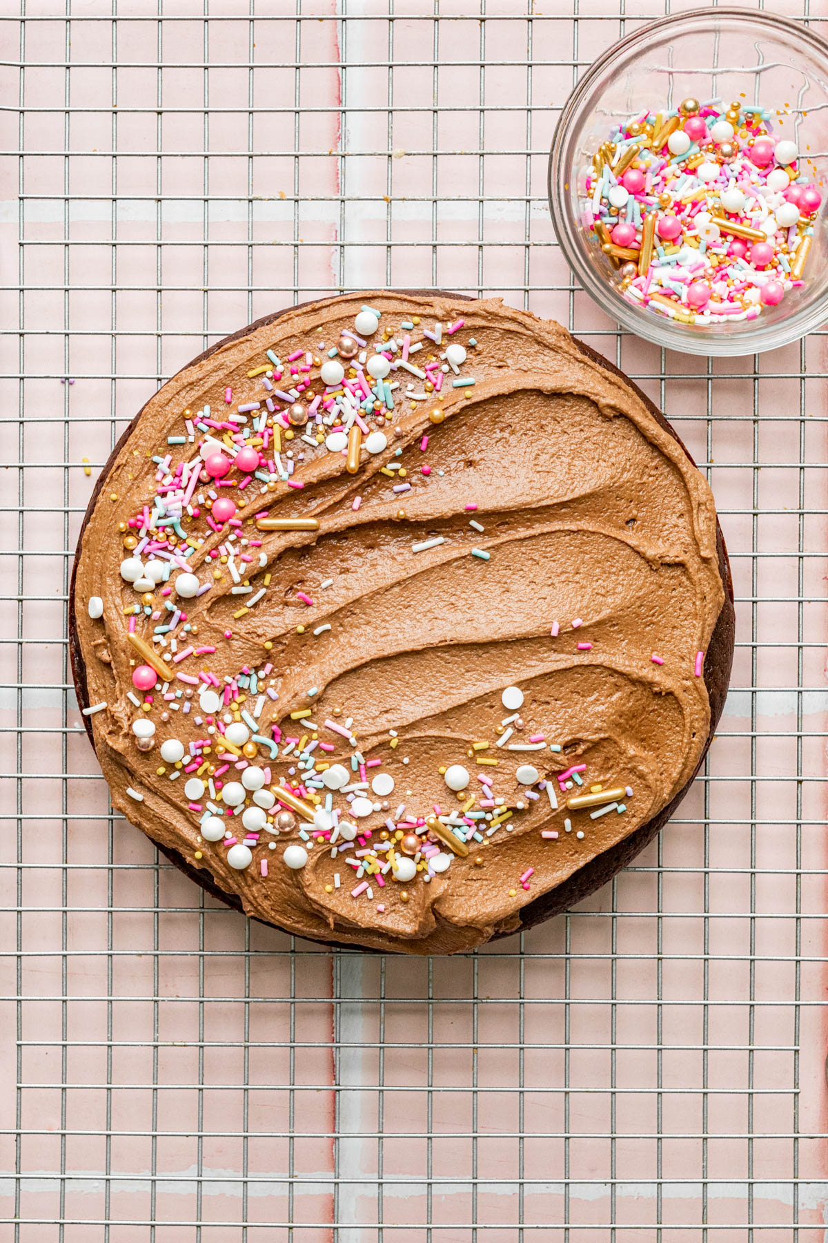 A frosted vegan chocolate cake on a wire cooling rack with a small bowl of sprinkles nearby.