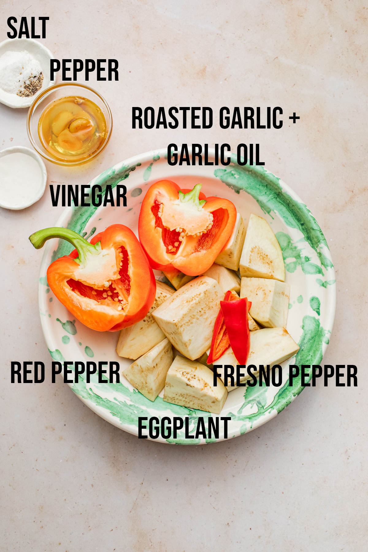 Eggplant red pepper dip ingredients.