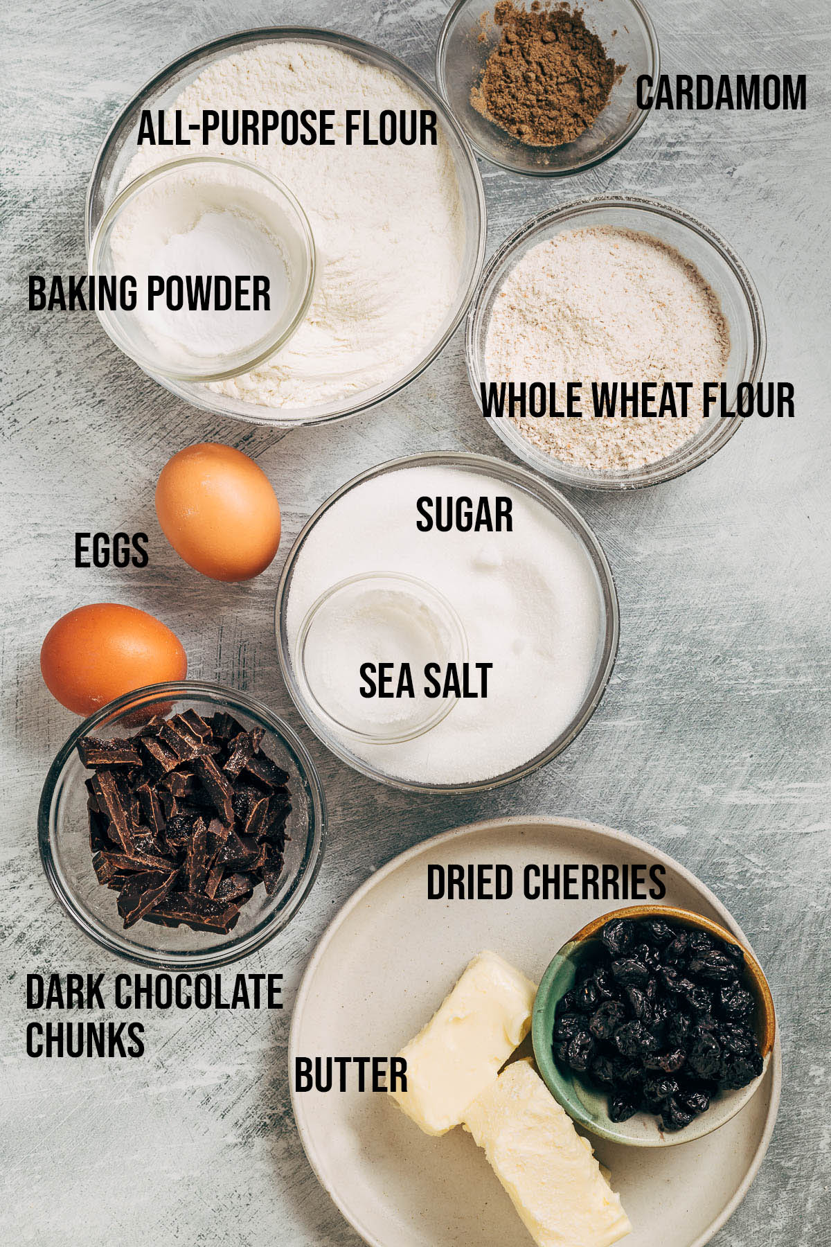 Ingredients to make chocolate chunk biscotti.