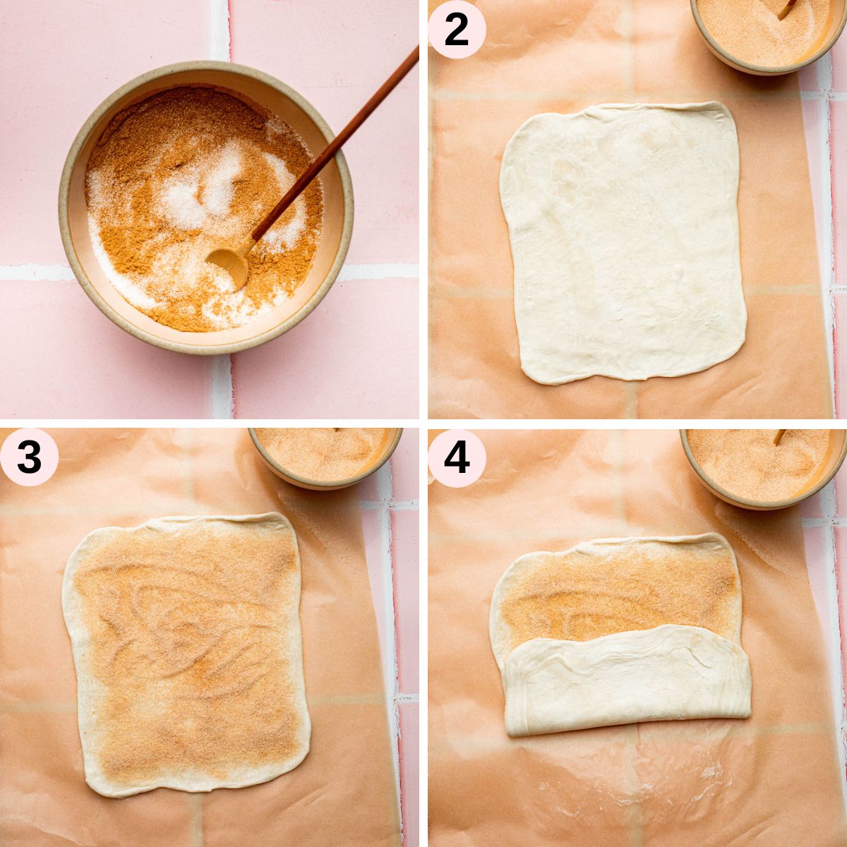 Puff pastry cinnamon twists steps 1 to 4.