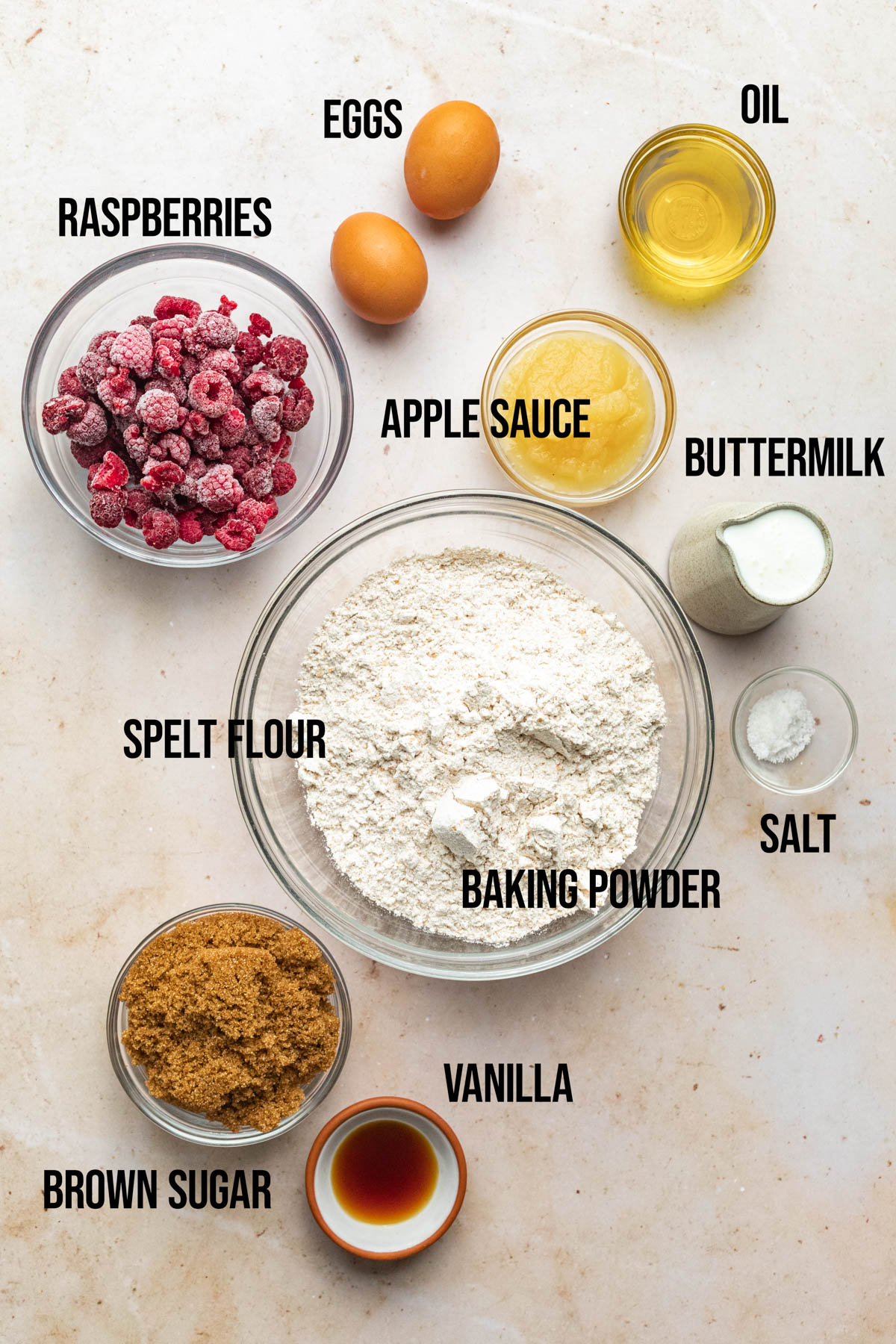 Raspberry buttermilk muffin ingredients.