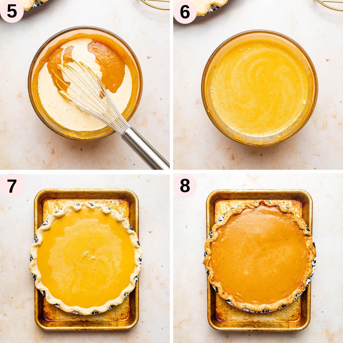 Process shots 5 to 8 to make pumpkin custard pie.